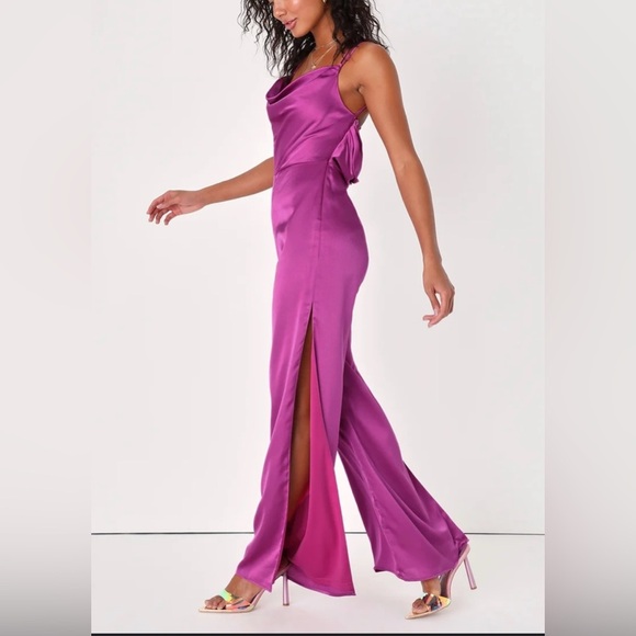 NWT LULUs Purple Magenta Split-Leg Backless Satin Jumpsuit - Medium - Picture 2 of 6